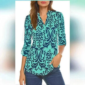 Halife Women's Roll Up 3/4 Sleeve V Neck Tunic Blouse Top Shirt Size Lg (EUC)